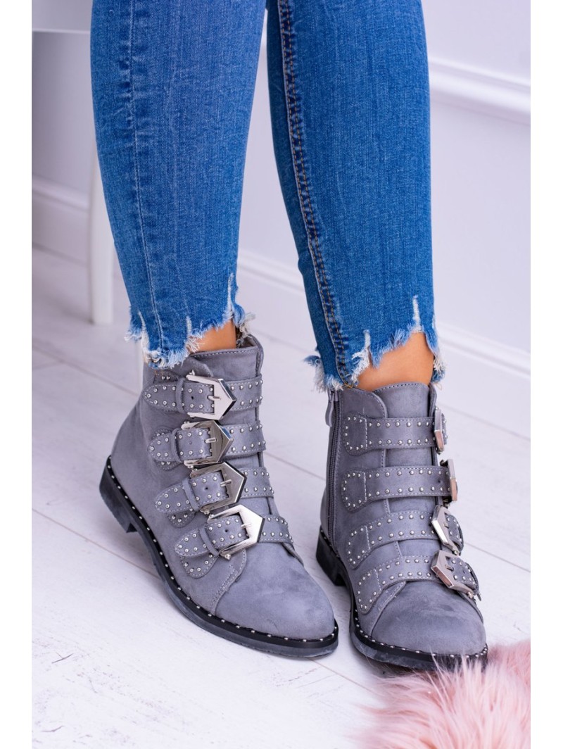 Lu Boo Dark Grey Virginia Rock Star Boots Rivet Buckles Suede