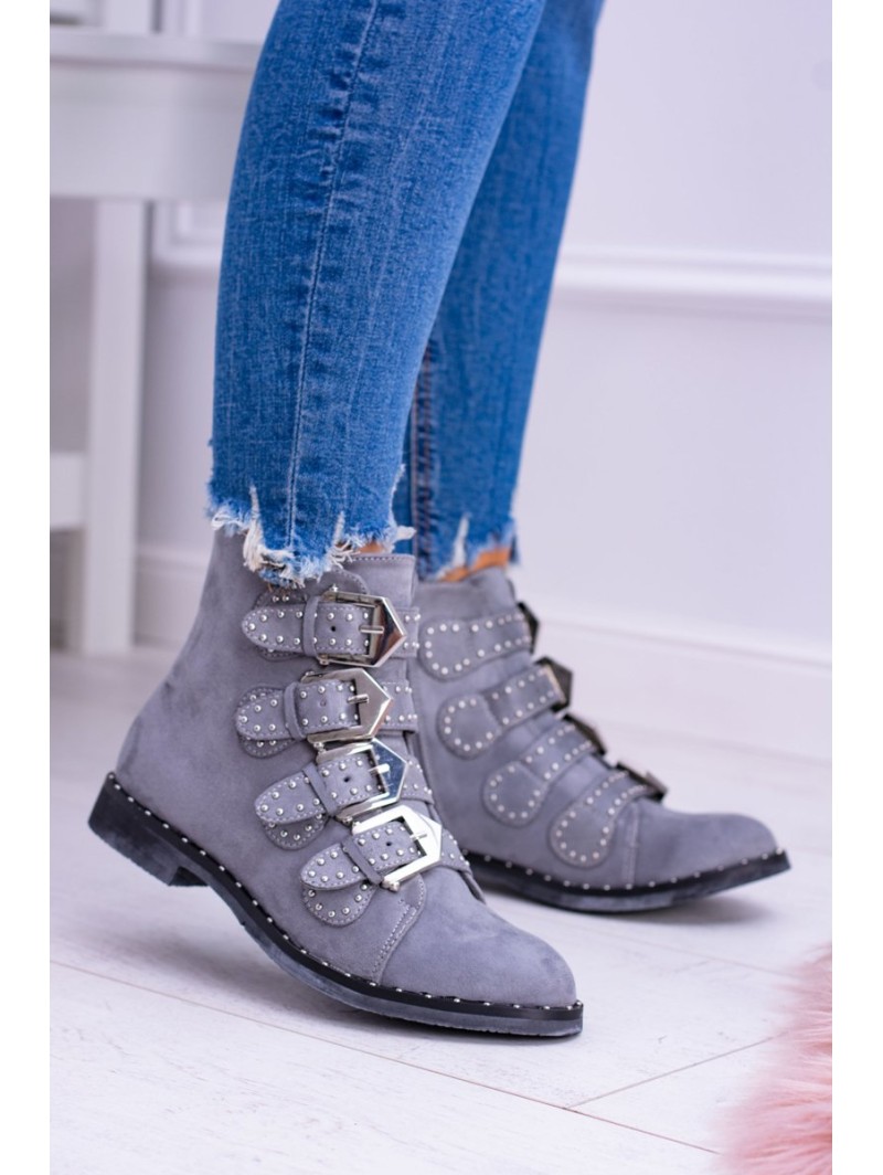 Lu Boo Dark Grey Virginia Rock Star Boots Rivet Buckles Suede