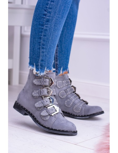 Lu Boo Dark Grey Virginia Rock Star Boots Rivet Buckles Suede