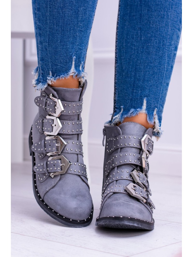 Lu Boo Dark Grey Virginia Rock Star Boots Rivet Buckles Suede