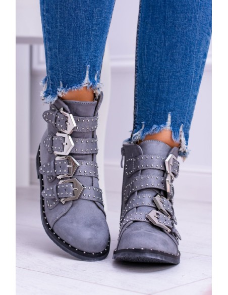 Lu Boo Dark Grey Virginia Rock Star Boots Rivet Buckles Suede