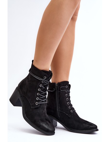 Women's Low Heel Lace-up Black Ankle Boots Serellia
