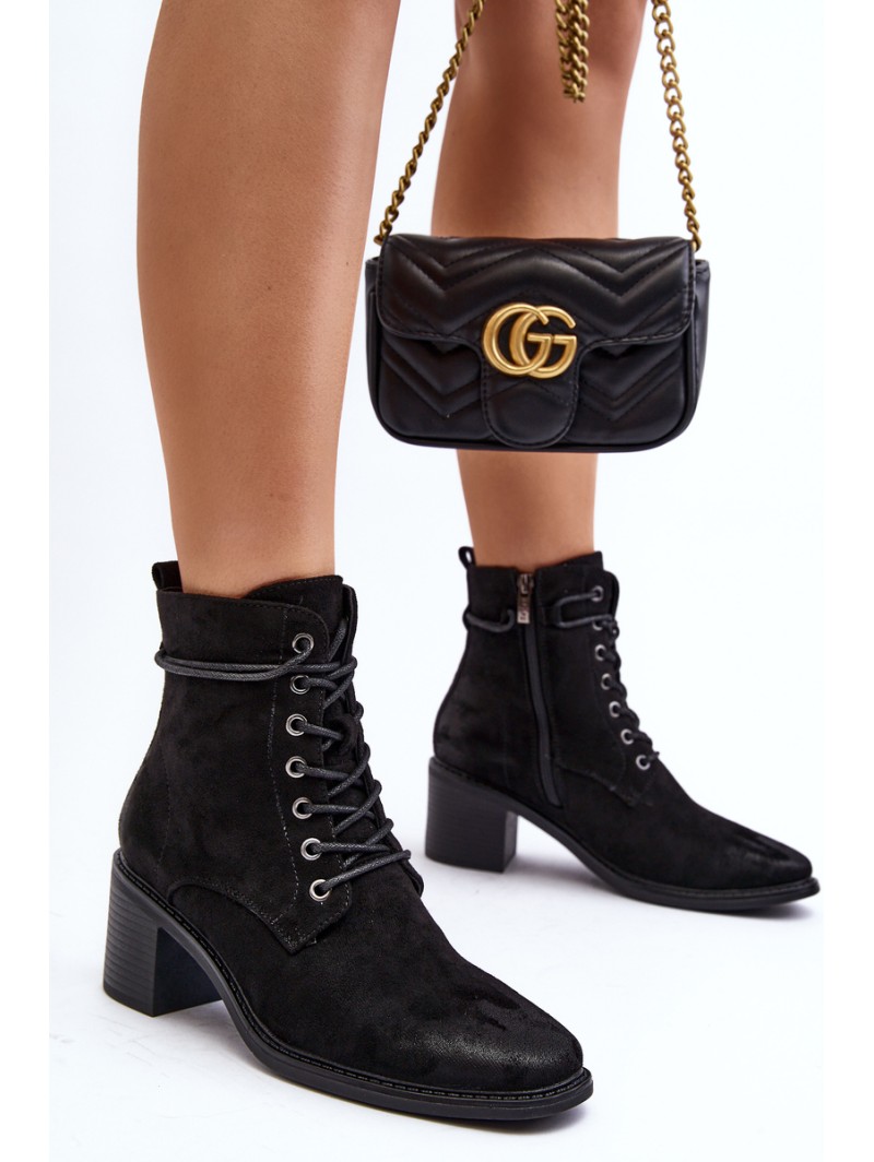 Women's Low Heel Lace-up Black Ankle Boots Serellia