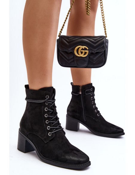 Women's Low Heel Lace-up Black Ankle Boots Serellia