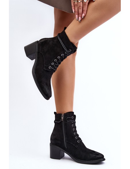Women's Low Heel Lace-up Black Ankle Boots Serellia