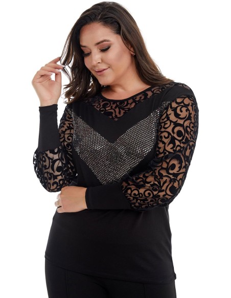 Elegantiška juoda palaidinė puošniomis rankovėmis