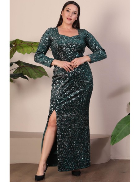 Ilga žalia suknelė su žvyneliais