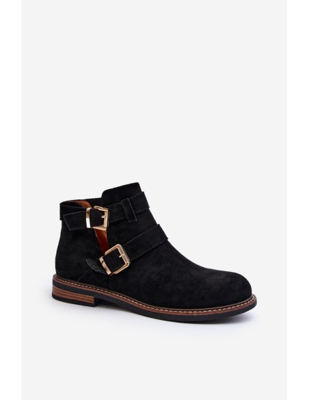 Women's Flat Heel Ankle Boots with Straps Black Melviana