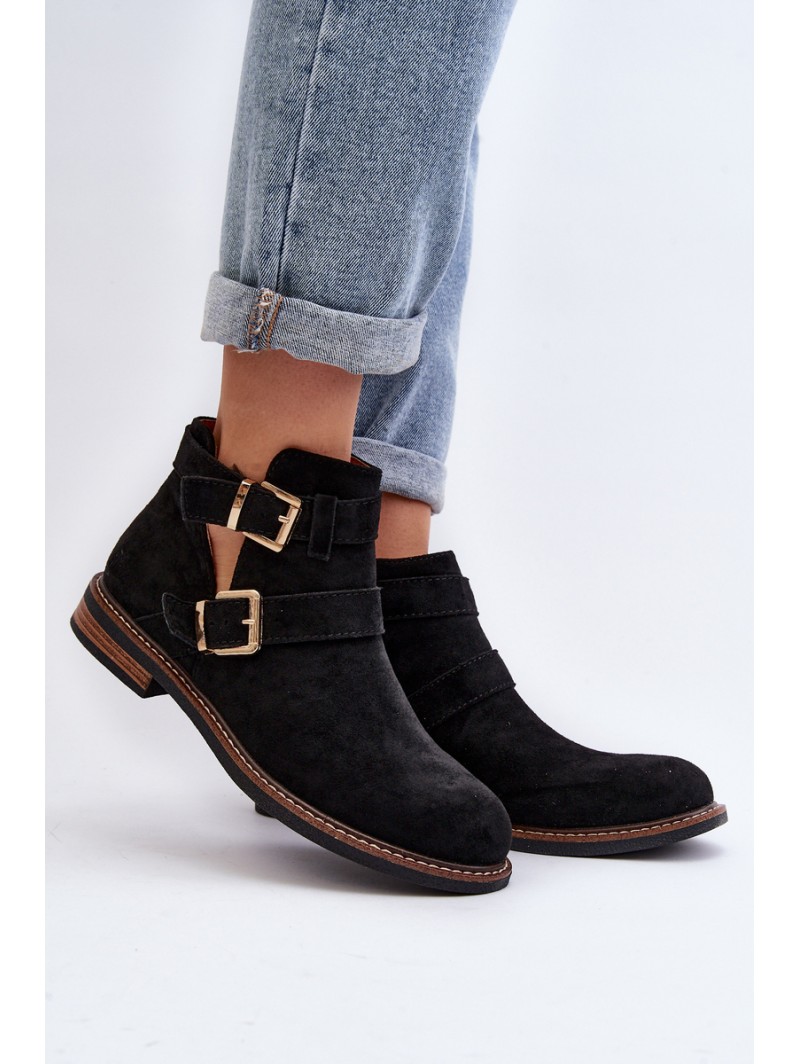 Women's Flat Heel Ankle Boots with Straps Black Melviana Women's Flat Heel Ankle Boots with Straps Black Melviana