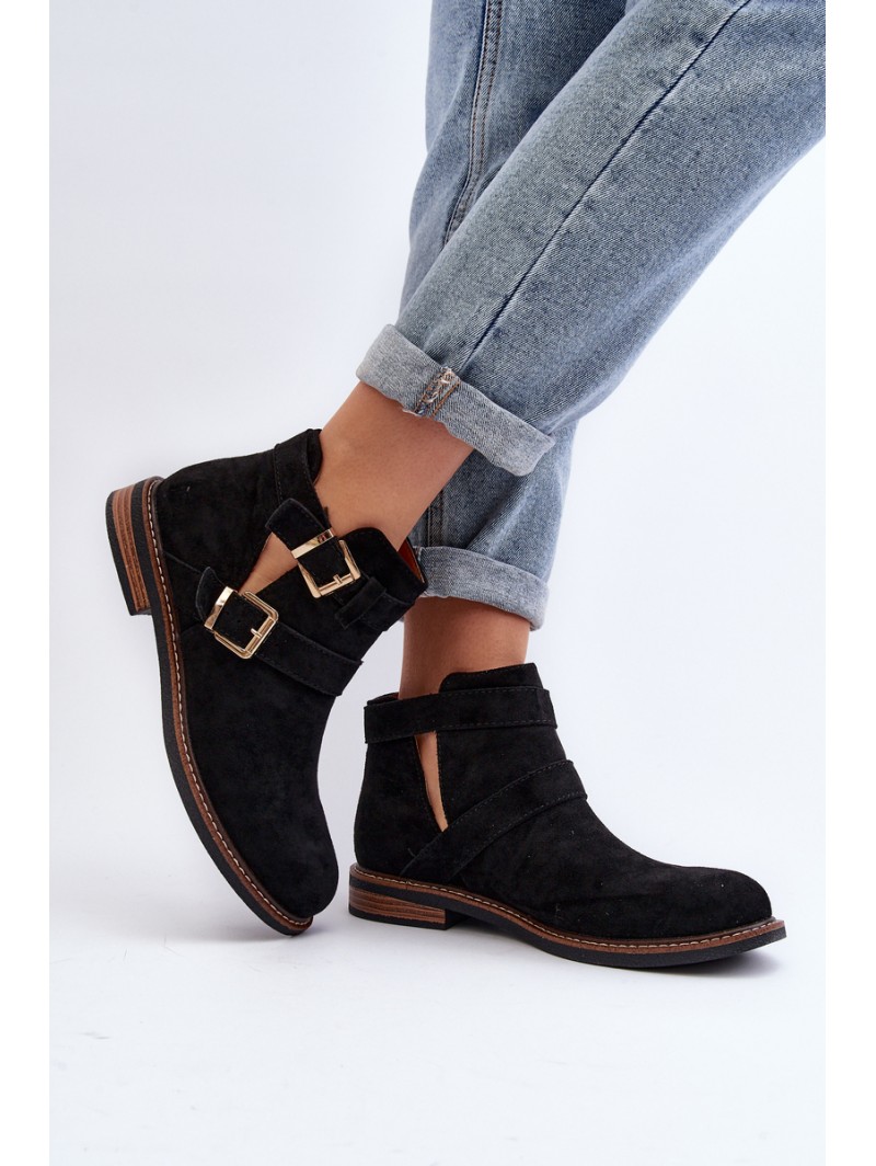 Women's Flat Heel Ankle Boots with Straps Black Melviana Women's Flat Heel Ankle Boots with Straps Black Melviana