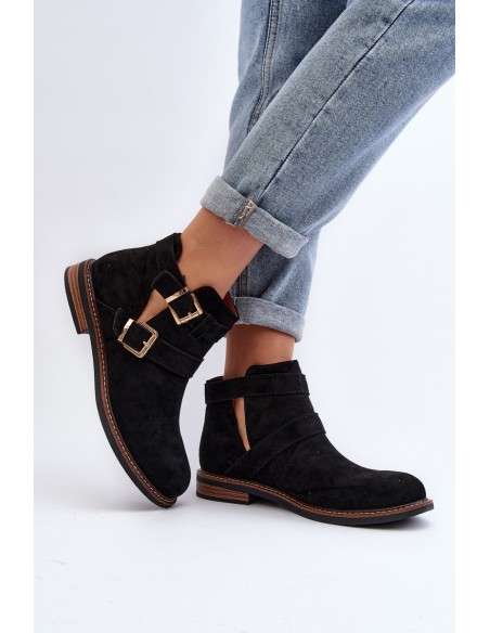 Women's Flat Heel Ankle Boots with Straps Black Melviana