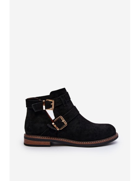 Women's Flat Heel Ankle Boots with Straps Black Melviana