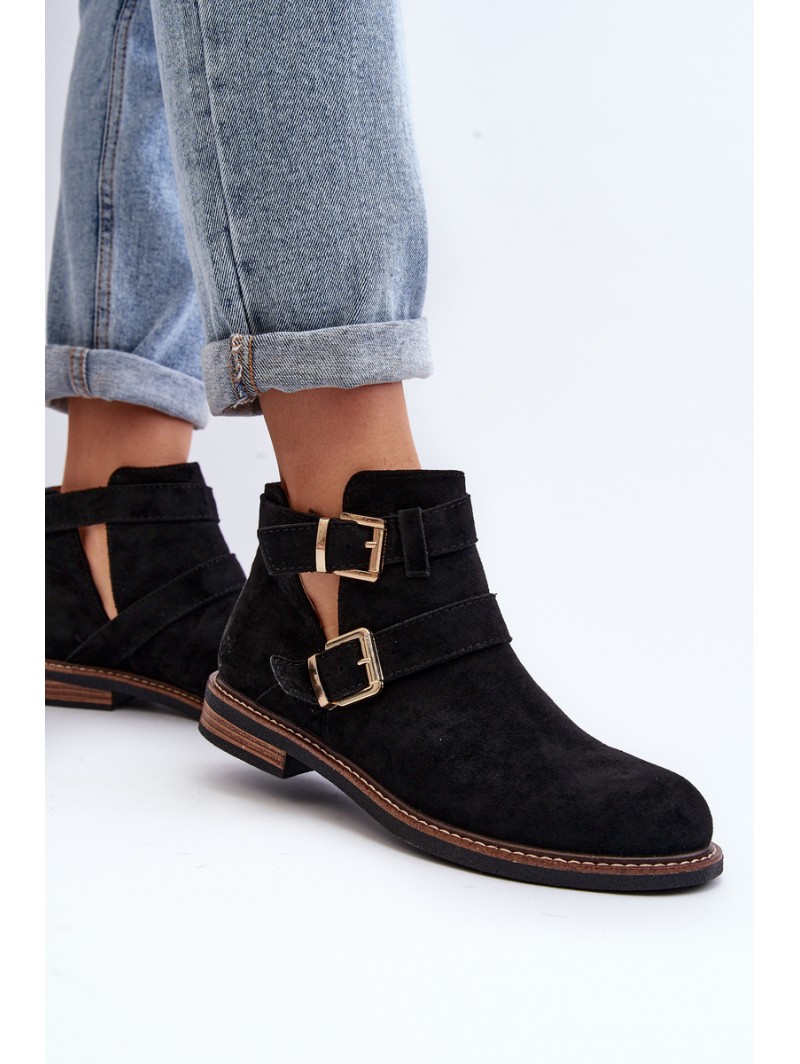 Women's Flat Heel Ankle Boots with Straps Black Melviana Women's Flat Heel Ankle Boots with Straps Black Melviana