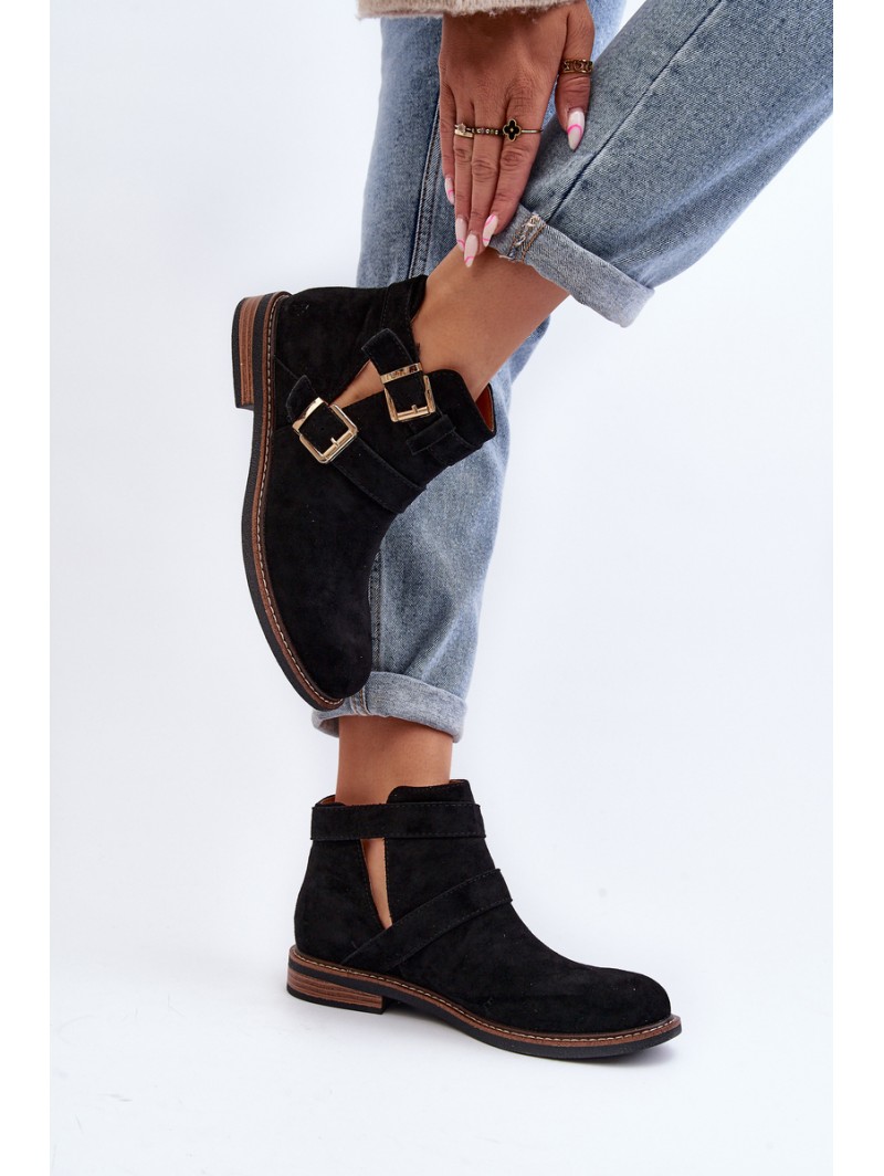 Women's Flat Heel Ankle Boots with Straps Black Melviana Women's Flat Heel Ankle Boots with Straps Black Melviana