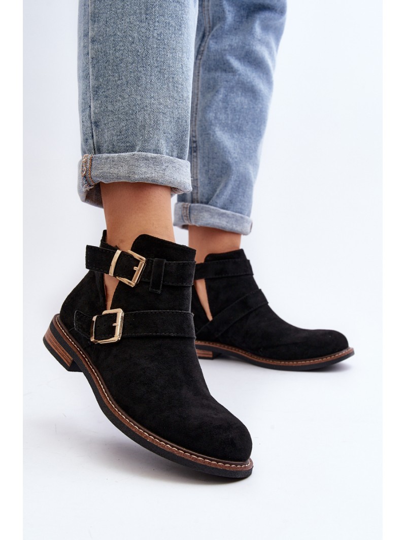 Women's Flat Heel Ankle Boots with Straps Black Melviana Women's Flat Heel Ankle Boots with Straps Black Melviana