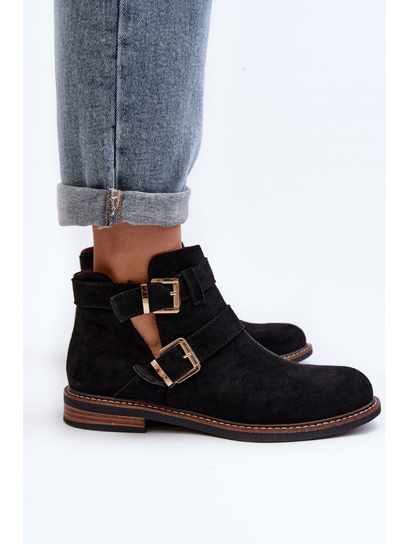 Women's Flat Heel Ankle Boots with Straps Black Melviana Women's Flat Heel Ankle Boots with Straps Black Melviana