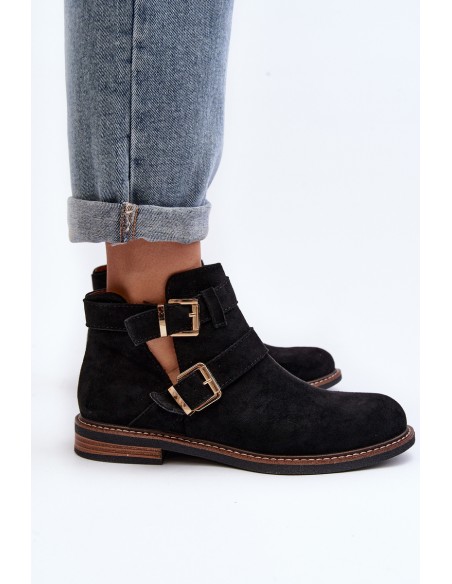 Women's Flat Heel Ankle Boots with Straps Black Melviana