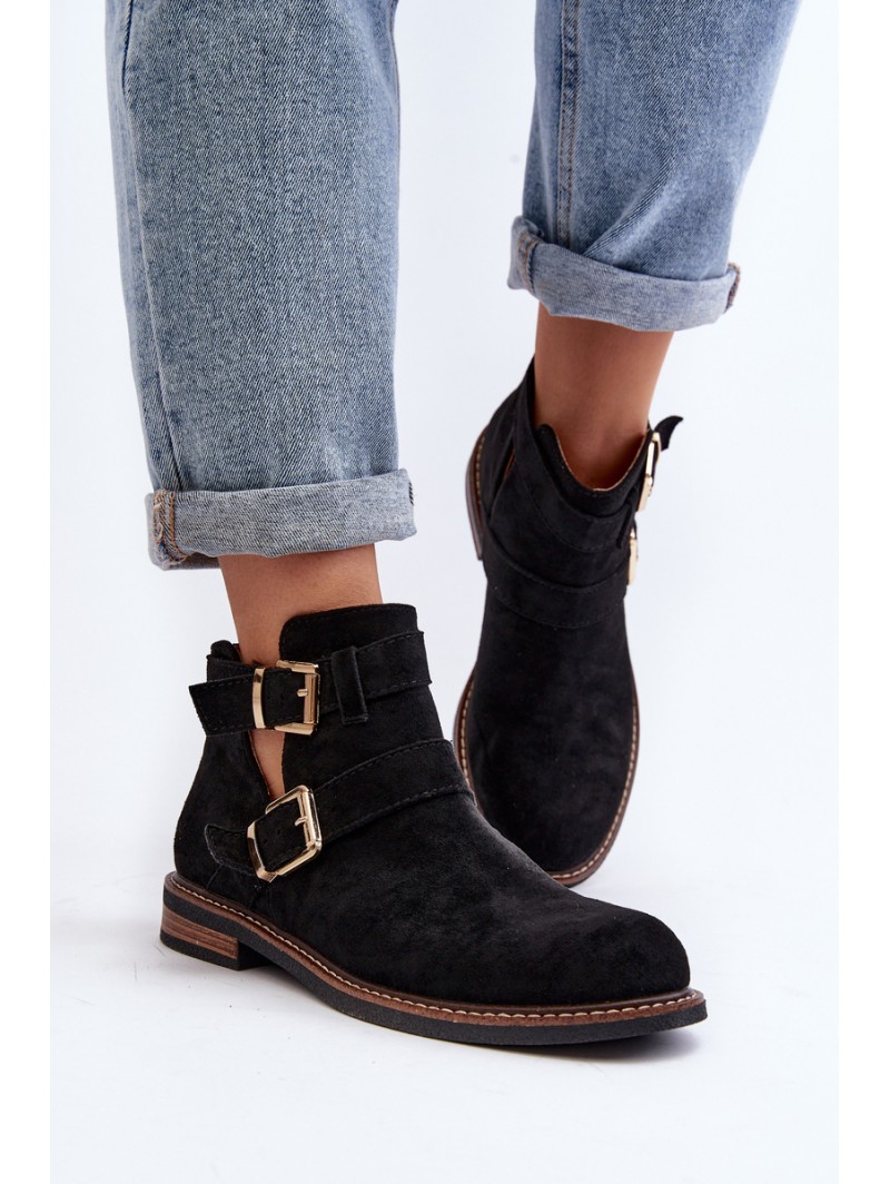 Women's Flat Heel Ankle Boots with Straps Black Melviana Women's Flat Heel Ankle Boots with Straps Black Melviana