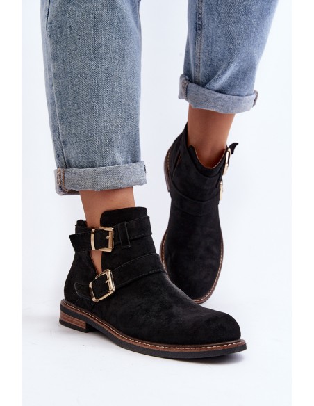 Women's Flat Heel Ankle Boots with Straps Black Melviana