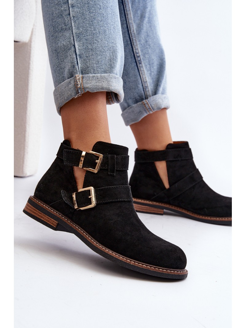 Women's Flat Heel Ankle Boots with Straps Black Melviana Women's Flat Heel Ankle Boots with Straps Black Melviana