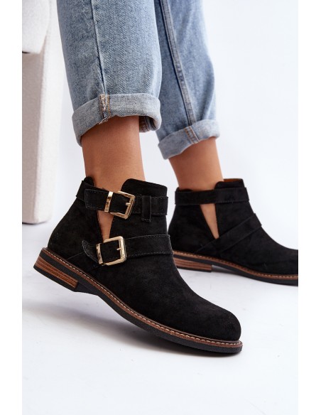 Women's Flat Heel Ankle Boots with Straps Black Melviana