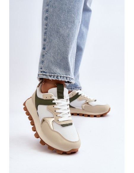 Women's Beige-Green Sports Sneakers Ralita