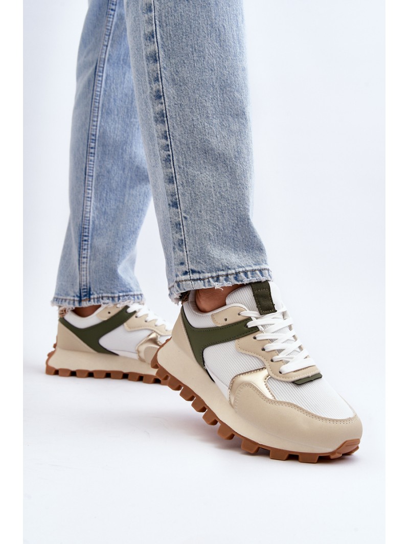 Women's Beige-Green Sports Sneakers Ralita