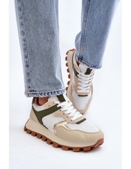 Women's Beige-Green Sports Sneakers Ralita
