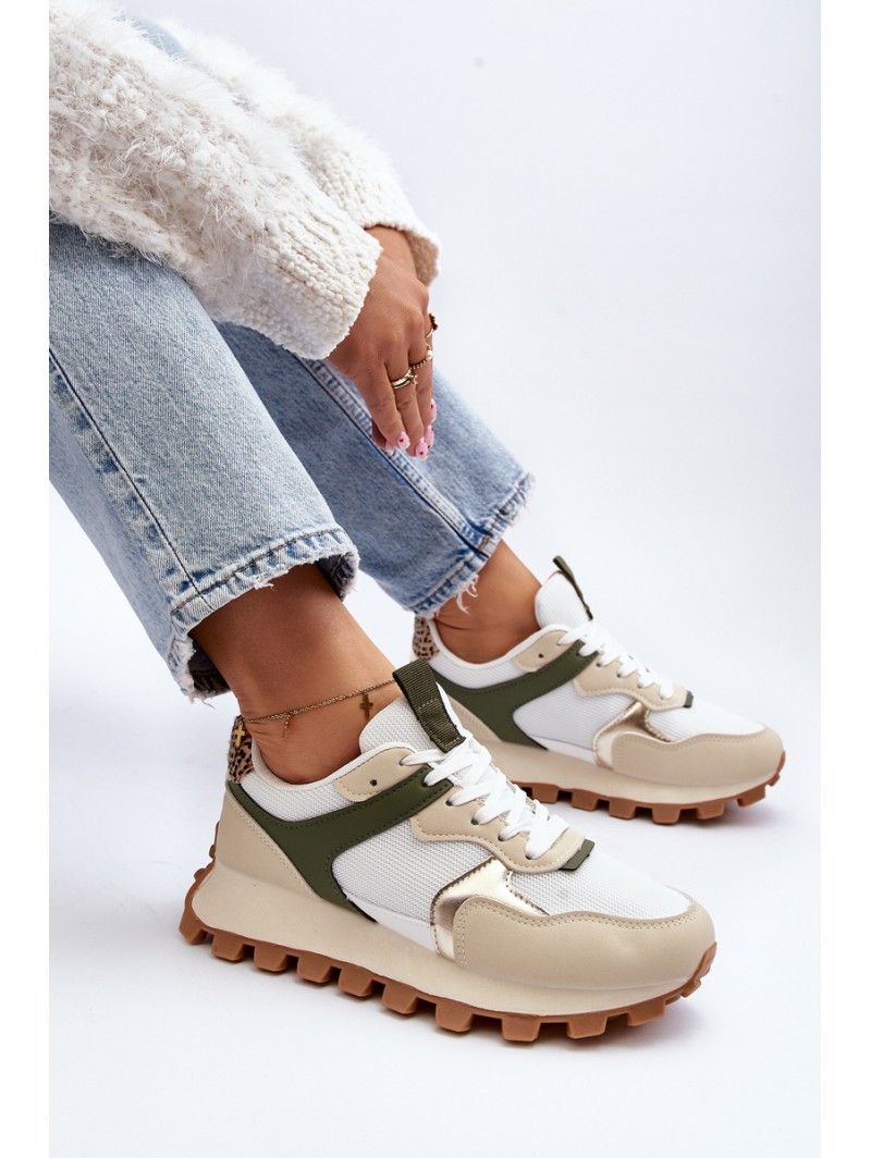 Women's Beige-Green Sports Sneakers Ralita