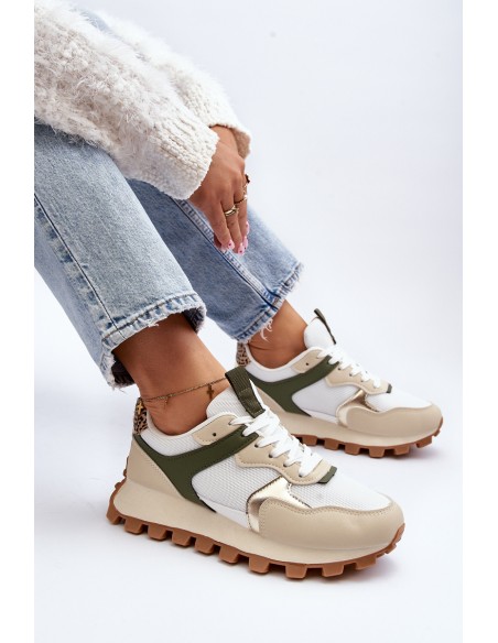 Women's Beige-Green Sports Sneakers Ralita