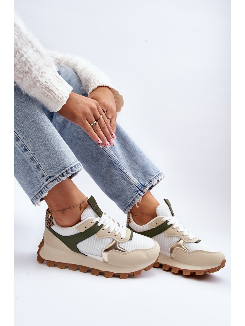 Women's Beige-Green Sports Sneakers Ralita