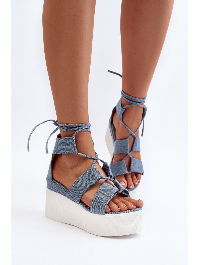 Women's Denim Sandals with Laces Blue Helavi