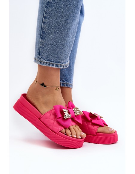 Women's Slippers with Bow and Decorative Teddy Bear Fuchsia Katerina