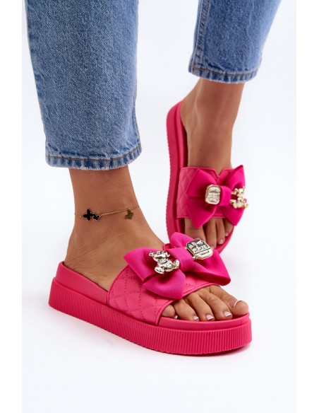 Women's Slippers with Bow and Decorative Teddy Bear Fuchsia Katerina