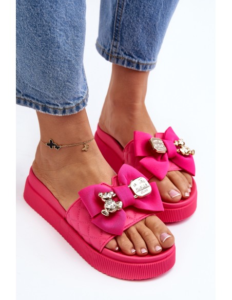 Women's Slippers with Bow and Decorative Teddy Bear Fuchsia Katerina