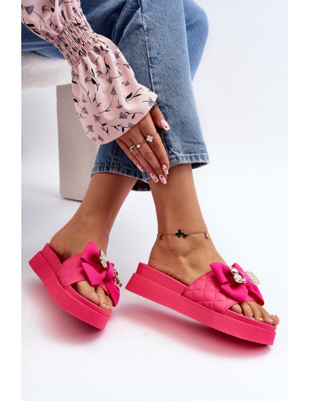 Women's Slippers with Bow and Decorative Teddy Bear Fuchsia Katerina