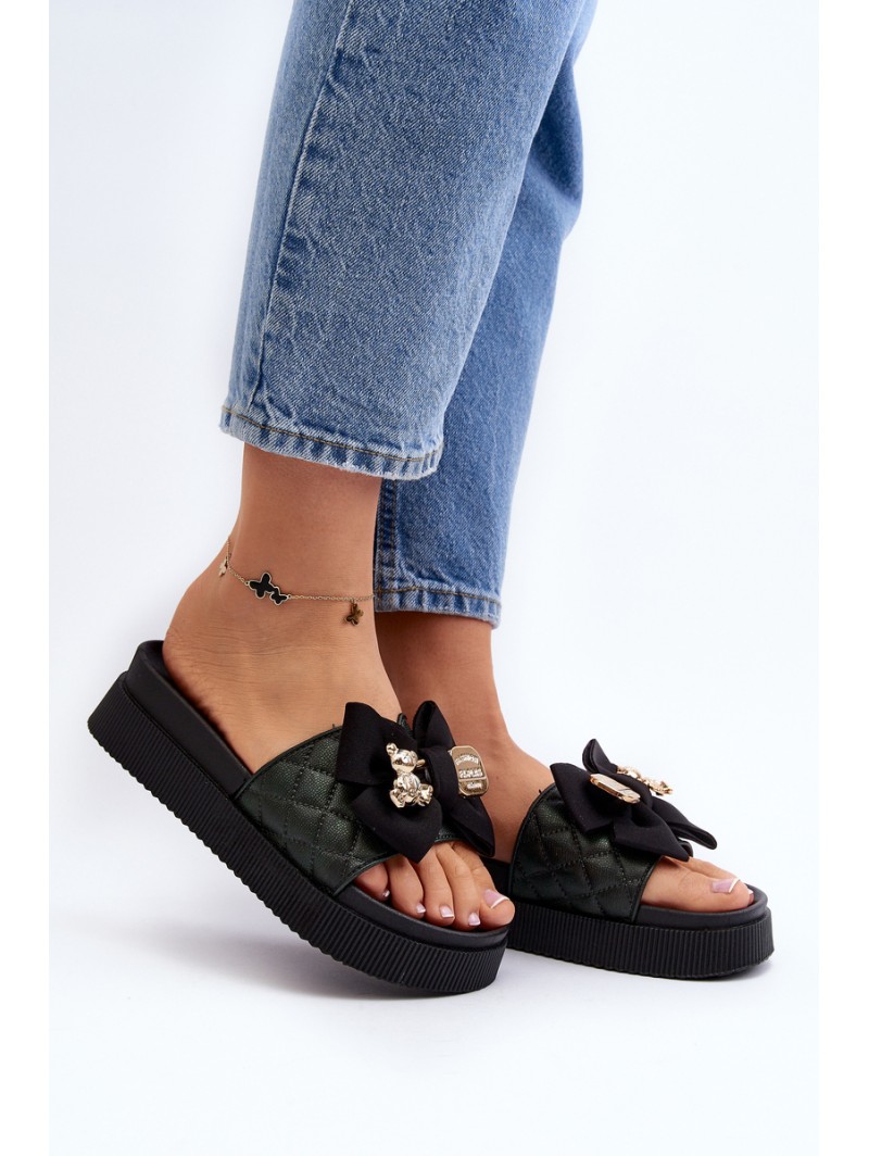 Women's Slippers With Bow and Teddy Bear Black Katterina Women's Slippers With Bow and Teddy Bear Black Katterina