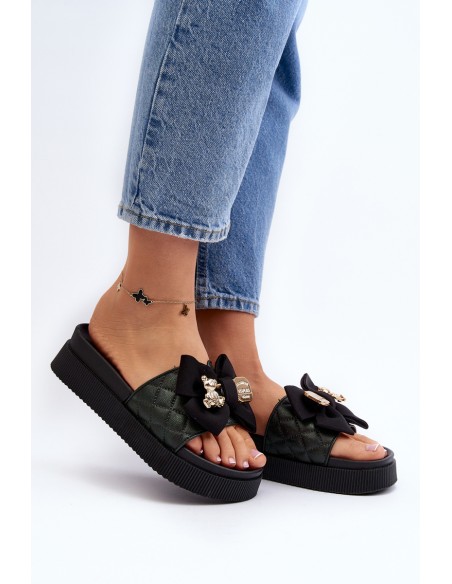 Women's Slippers With Bow and Teddy Bear Black Katterina