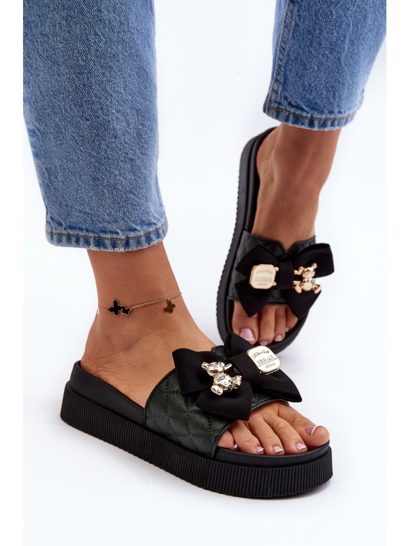 Women's Slippers With Bow and Teddy Bear Black Katterina Women's Slippers With Bow and Teddy Bear Black Katterina