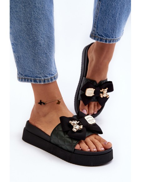 Women's Slippers With Bow and Teddy Bear Black Katterina