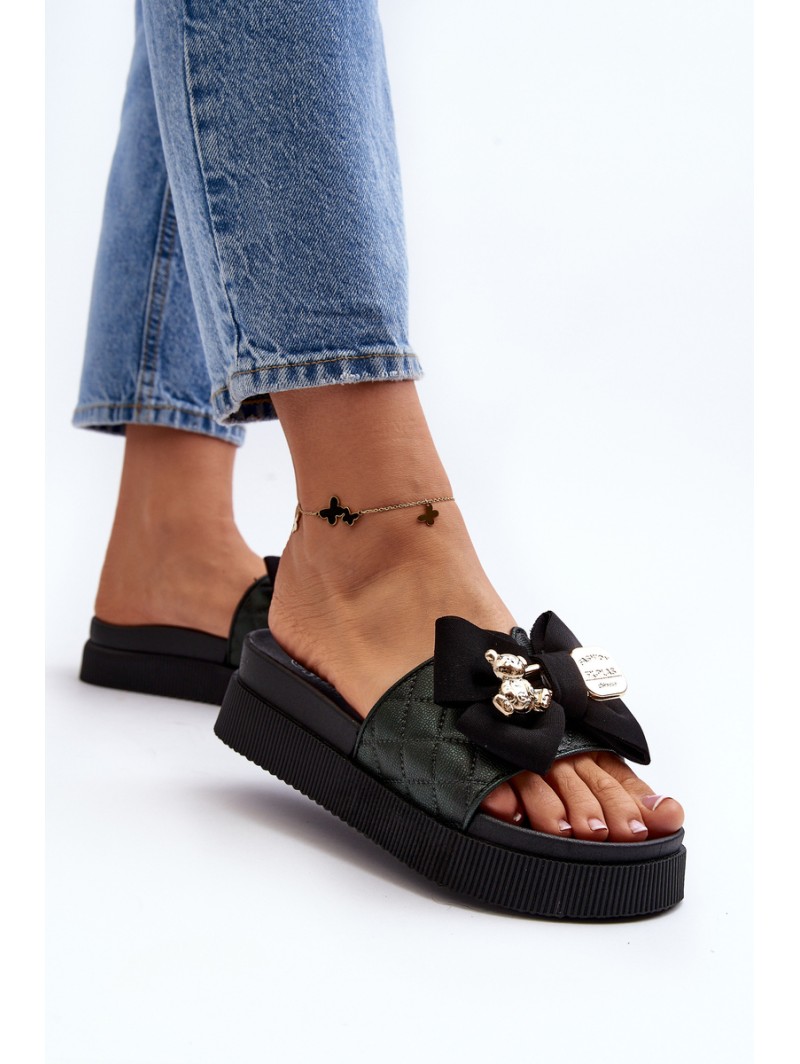 Women's Slippers With Bow and Teddy Bear Black Katterina Women's Slippers With Bow and Teddy Bear Black Katterina