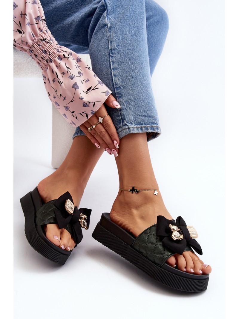Women's Slippers With Bow and Teddy Bear Black Katterina Women's Slippers With Bow and Teddy Bear Black Katterina