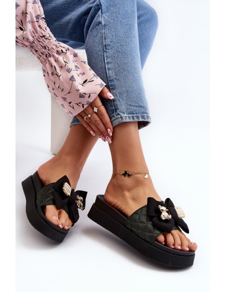 Women's Slippers With Bow and Teddy Bear Black Katterina