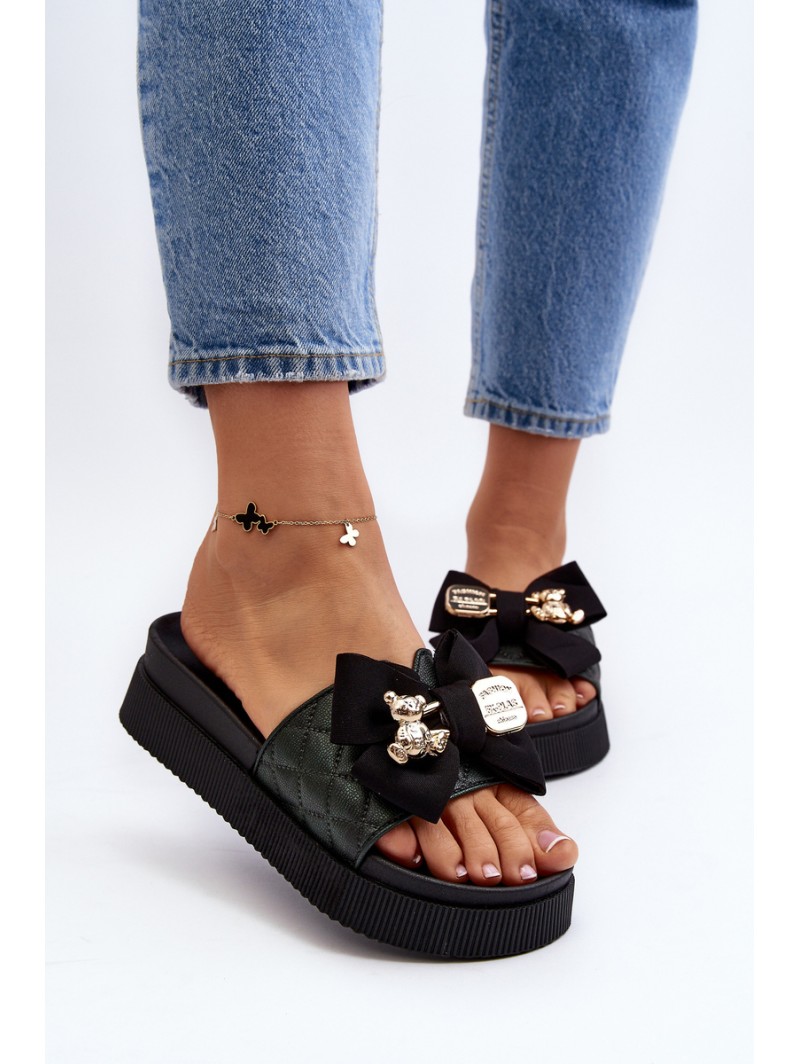 Women's Slippers With Bow and Teddy Bear Black Katterina Women's Slippers With Bow and Teddy Bear Black Katterina