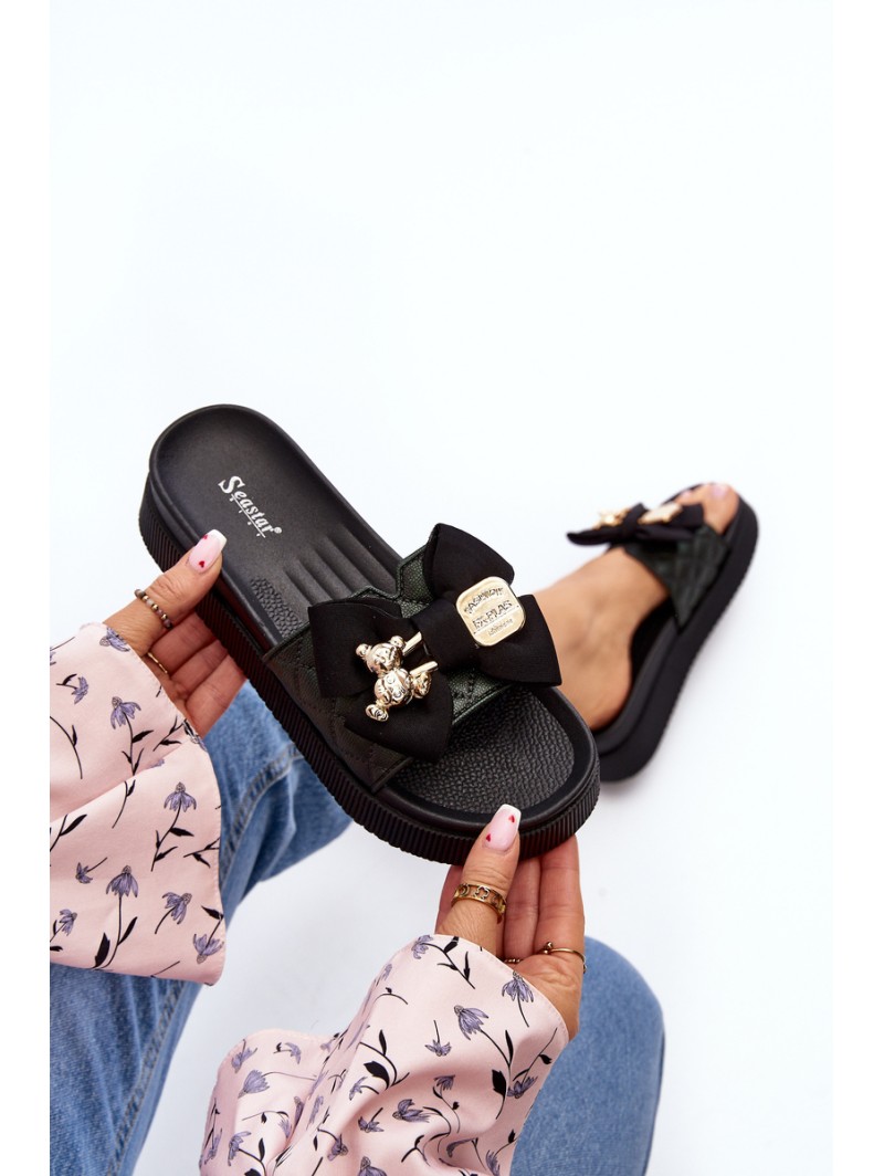 Women's Slippers With Bow and Teddy Bear Black Katterina Women's Slippers With Bow and Teddy Bear Black Katterina