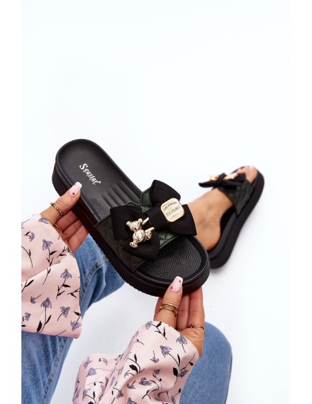 Women's Slippers With Bow and Teddy Bear Black Katterina