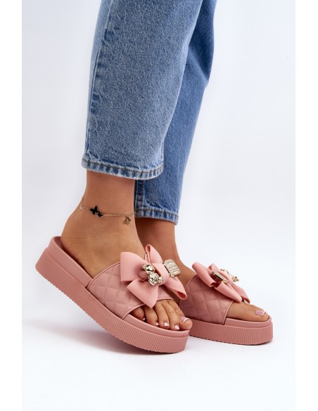 Women's Slippers with Bow and Teddy Bear Pink Katterina