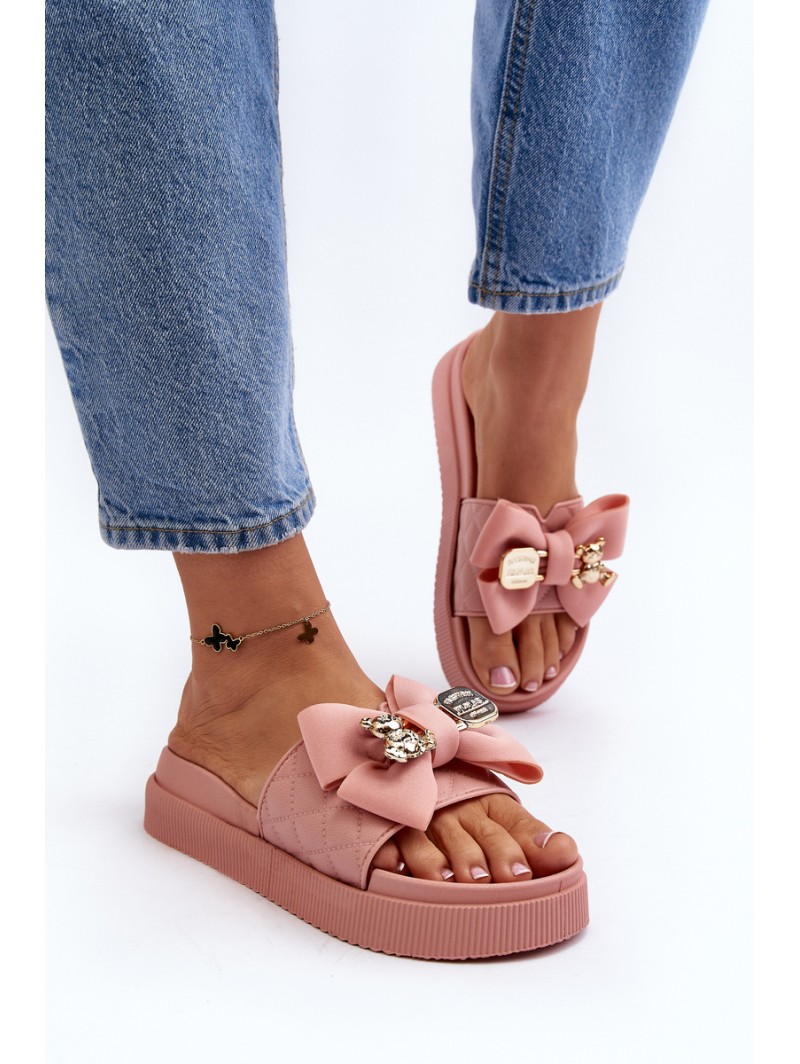 Women's Slippers with Bow and Teddy Bear Pink Katterina Women's Slippers with Bow and Teddy Bear Pink Katterina
