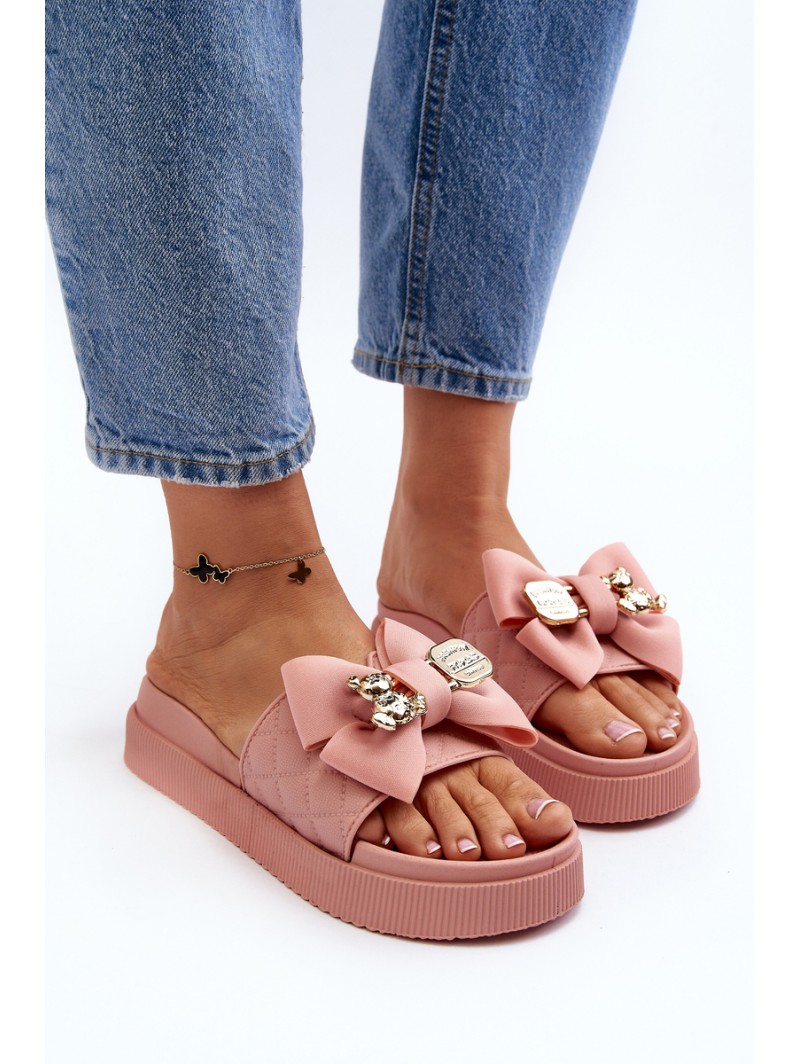 Women's Slippers with Bow and Teddy Bear Pink Katterina Women's Slippers with Bow and Teddy Bear Pink Katterina