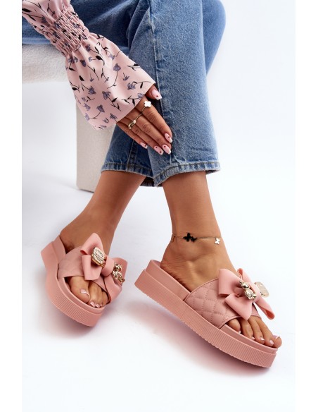 Women's Slippers with Bow and Teddy Bear Pink Katterina